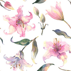 Delicate pink lilies, watercolor seamless pattern. Watercolor illustration, composition of flowers on a white background. Design element for scrapbooking, Invitations,greeting card, decoupage.