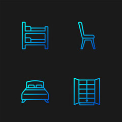 Set line Wardrobe, Big bed, Bunk and Chair. Gradient color icons. Vector