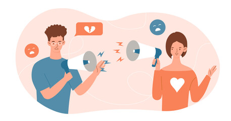 Fototapeta na wymiar People speaking into megaphones. Man and woman with loudspeakers. Metaphor of marketing and advertising. Quarrel and conflict, bad relationship of young couple. Cartoon flat vector illustration