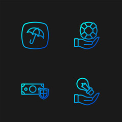 Set line Light bulb in hand, Money with shield, Umbrella and Lifebuoy. Gradient color icons. Vector