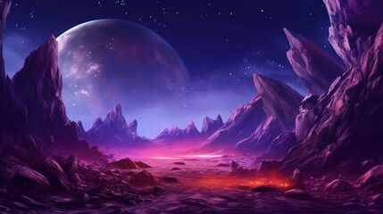Naklejka na ściany i meble Landscape of an alien planet in purple color. AI generation