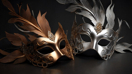 Elegant costume masquerade masks grouping w ribbons luxurious gold and copper feathers, photography style for beautiful festive holiday invitations announcements flyers (generative AI, AI) 