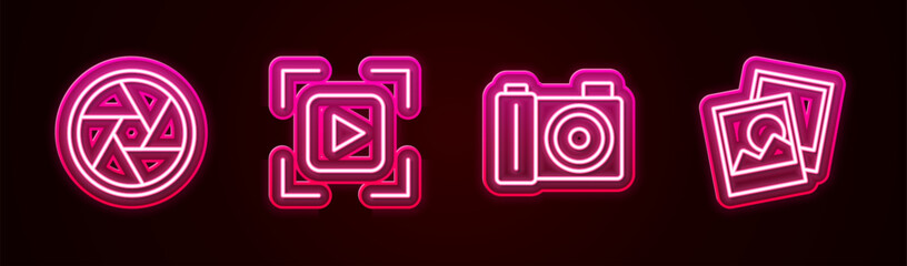 Set line Camera shutter, focus frame line, Photo camera and . Glowing neon icon. Vector