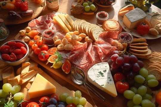 Top view Gourmet charcuterie and cheese board