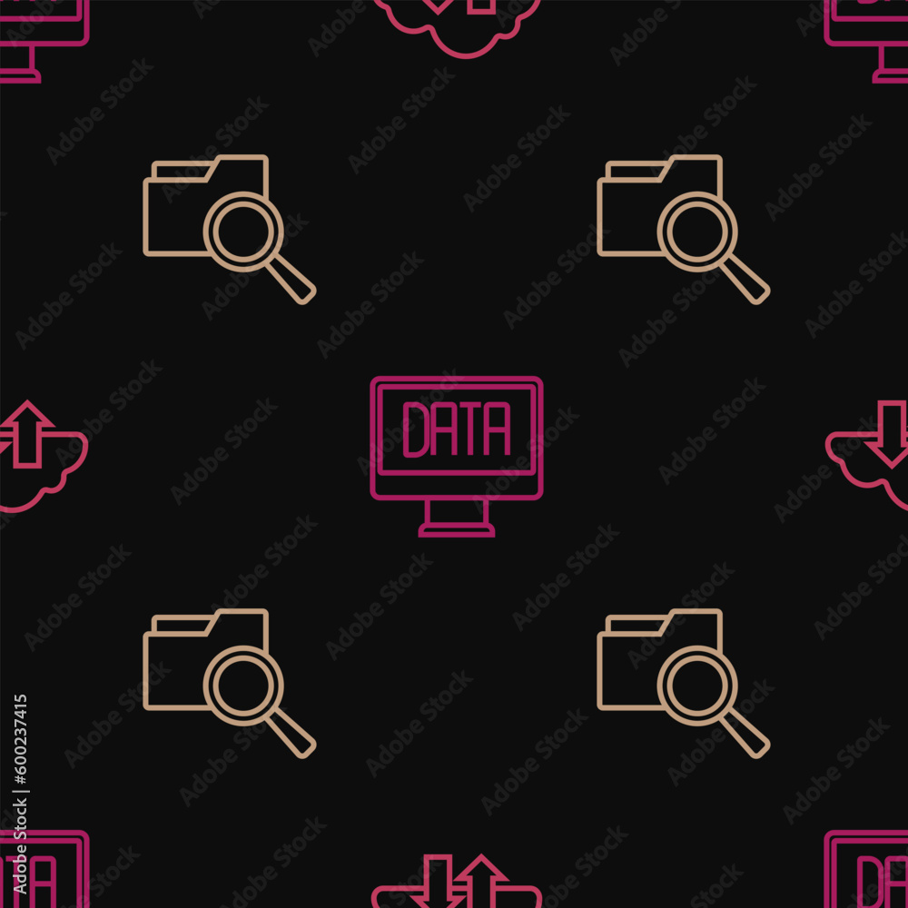 Poster set line cloud download and upload, search with folder and data analysis on seamless pattern. vector