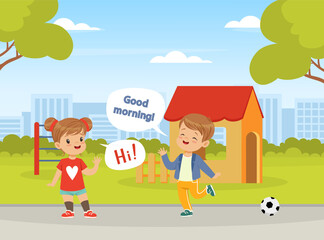 Fototapeta na wymiar Polite little boy and girl greeting each other. Well mannered kid, good manners and respect cartoon vector
