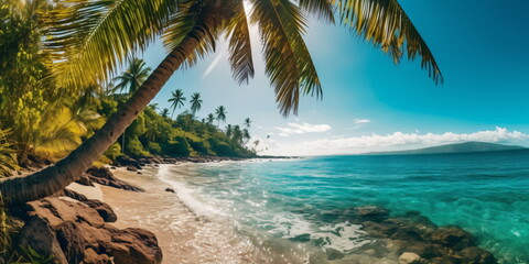 Fototapeta na wymiar Tropischer Palmenstrand mit Blick aufs Meer blauer Himmel und Sonnenschein Hintergrund Bild - mit KI erstellt 