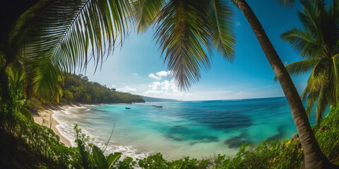 Obraz na płótnie Canvas Kokosnusspalmen am tropischen Strand Sonnenschein und blauer Himmel mit KI erstellt
