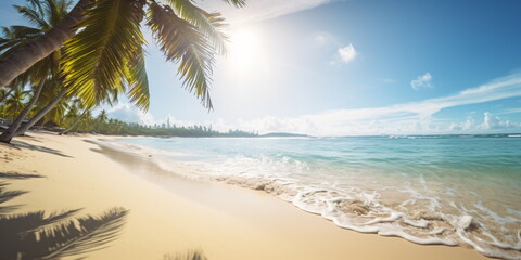 Tropischer Palmenstrand mit Blick aufs Meer blauer Himmel und Sonnenschein Hintergrund Bild - mit KI erstellt 
