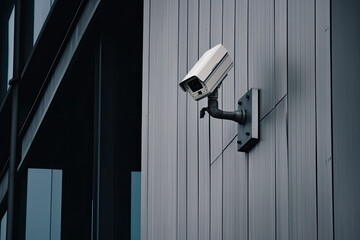 Security camera on modern building. CCTV on the wall in the city. Generative AI