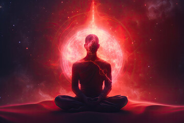 Meditating man. Concept of spiritual practice, chakras and astral body activation. Generative AI
