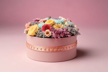 Obraz na płótnie Canvas Flowers in round luxury present box on pastel background. Generative AI