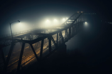 Fototapeta na wymiar The foggy bridge with a street light on the side. The night bridge covered in the fog. Generative AI