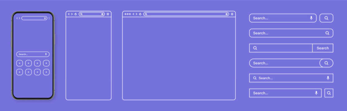 Smartphone, web browser, internet page window with toolbar and search bar, field. Modern website in flat style, line art. Blank browser mockup for computer, tablet and smartphone. Vector illustration