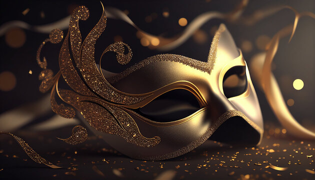 Elegant costume masquerade golden gold mask w ribbons luxurious backdrop of glitter, sparkle, photography style for beautiful festive holiday invitations announcements flyers (generative AI, AI) 
