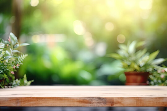 Image of wooden table in front of abstract blurred background made of plants. Generative AI