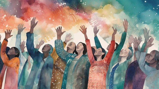 people praying, worship, pray for the day, colorful watercolor illustration. Generative AI