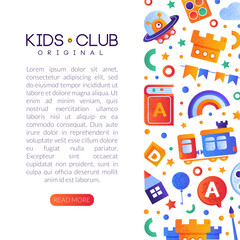 Kids Land Club Card with Bright Toy and Childish Entertainment Objects for Playing Vector Template