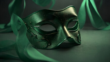 Elegant costume masquerade green emerald mask w ribbons luxurious backdrop of glitter, sparkle, photography style for beautiful festive holiday invitations announcements flyers (generative AI, AI) 