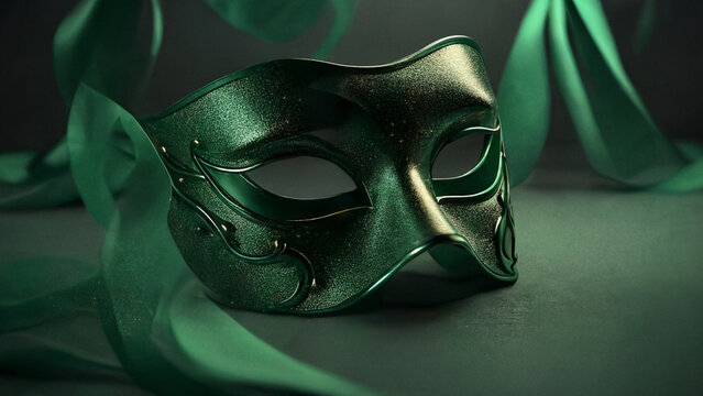 Elegant costume masquerade green emerald mask w ribbons luxurious backdrop of glitter, sparkle, photography style for beautiful festive holiday invitations announcements flyers (generative AI, AI) 