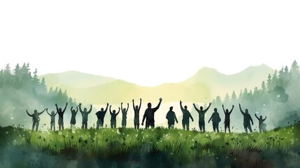 people with arms and hands raised towards the sky, On the top of the world together, concept togetherness. Watercolor illustration. Generative AI