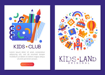 Kids Land Club Web Banner with Bright Toy and Childish Entertainment Objects for Playing Vector Template