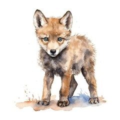 Fototapeta premium Baby Wolf watercolor with ink outline on white background, high detailed (generative AI)