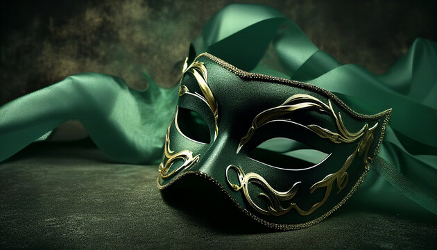 Elegant costume masquerade green emerald mask w ribbons luxurious backdrop of glitter, sparkle, photography style for beautiful festive holiday invitations announcements flyers (generative AI, AI) 