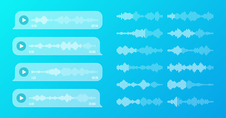 Voice, audio message, transparent speech bubbles. SMS text frame. Social media chat or messaging app conversation. Voice assistant, recorder. Sound wave pattern. Vector illustration