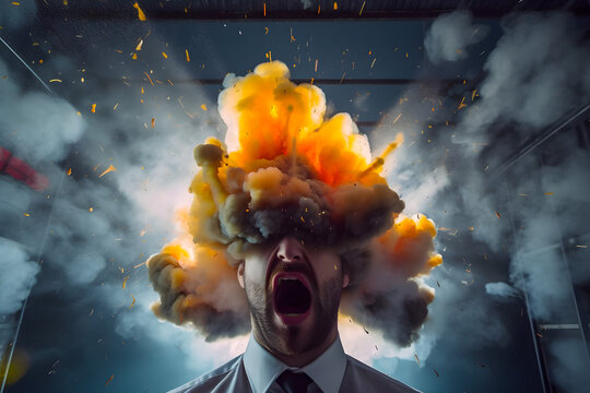 Man in a business shirt tie exploding head. The concept of mental overload, busyness, stress at work, brain drain. Generative AI.