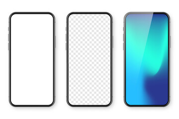 Smartphone with blank touch screen and abstract colorful background, wallpaper. Frameless mobile phone in front view. High quality detailed device mockup. Vector illustration