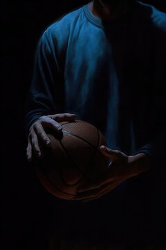 Close-up view of glowing basketball ball on wet floor and 3d court with  generative AI