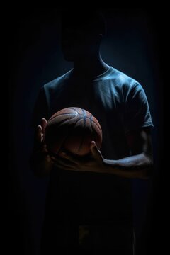 Close-up view of glowing basketball ball on wet floor and 3d court with  generative AI