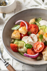 Traditional italian tomato salad panzanella close up with mozzarella, capers, red onion, croutons, cucumbers and basil. Summer salad on printed tile background