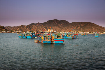 Fototapeta premium Fishing boats in the harbor of Phan Rang, Ninh Thuan province, Vietnam, Asia