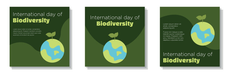 International day of biodiversity social media post, banner set, sustainable living advertisement concept, zero emission marketing square ad template, ecological abstract print, isolated on background