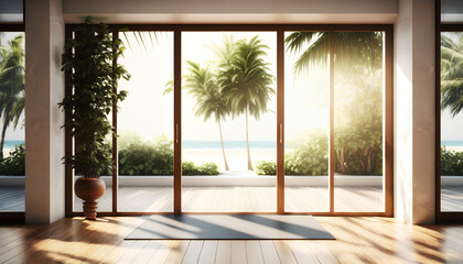 Open tropical yoga studio place with view outside to the beautiful garden with palm trees and ocean