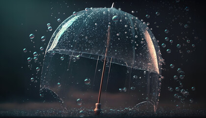 Transparent umbrella under rain against water drops splash background. Rainy weather concept