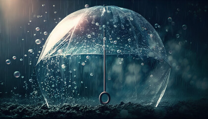Transparent umbrella under rain against water drops splash background. Rainy weather concept - obrazy, fototapety, plakaty