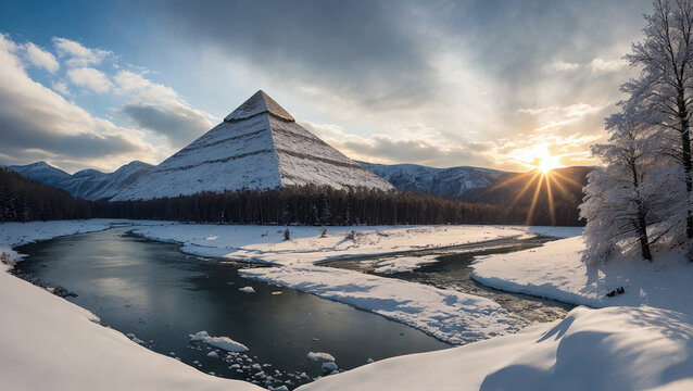 Ancient Pyramid Of Gizah In A Winter Landscape With White Snow Wavy River Golden Shining Sunset Forest And Mountains In Background With Cloudy Sky, Generative AI