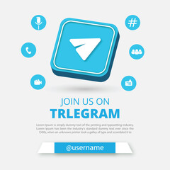Join us on Telegram social media banner with a 3d round circle. Telegram square banner for Instagram. Follow us on the Telegram background banner
