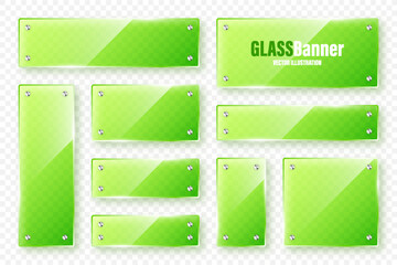 Realistic glass frames collection. Green transparent glass banners with flares and highlights. Glossy acrylic plate, element with light reflection and place for text. Vector illustration