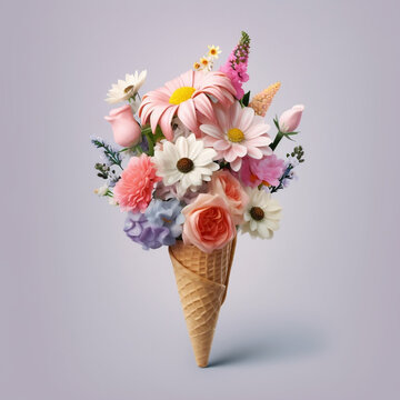 Colorful flowers and icecream cone on pastel background. Flat lay. Minimal summer concept. Generative AI