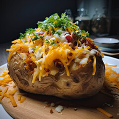 Perfect loaded baked potato with cheese, bacon, and chives created with Generative AI technology
