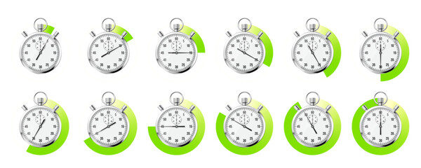 Realistic classic stopwatch. Shiny metal chronometer, time counter with dial. Green countdown timer showing minutes and seconds. Time measurement for sport, start and finish. Vector illustration