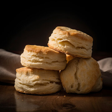 Perfectly baked group of biscuits with butter on dark wood setting created with Generative AI technology