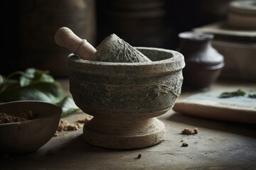 Fototapeta An ornate stone mortar and pestle, grinding fresh herbs and roots into a healing salve or powder. Render the timeless, meticulous process of traditional Ayurvedic compounding. Generative AI obraz