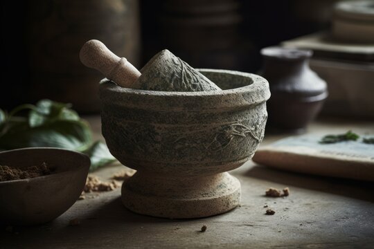 An ornate stone mortar and pestle, grinding fresh herbs and roots into a healing salve or powder. Render the timeless, meticulous process of traditional Ayurvedic compounding. Generative AI