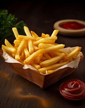 Perfect golden fried French fries with side of ketchup created with Generative AI technology