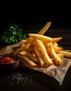 Perfect golden fried French fries with side of ketchup created with Generative AI technology
